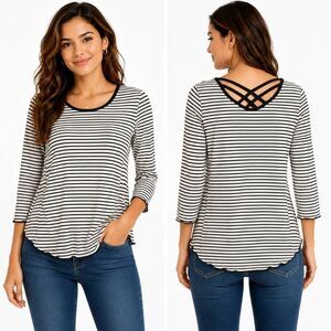 Daytrip Womens Medium Long Sleeve Top Black White Striped Criss-Cross Neck Stret
